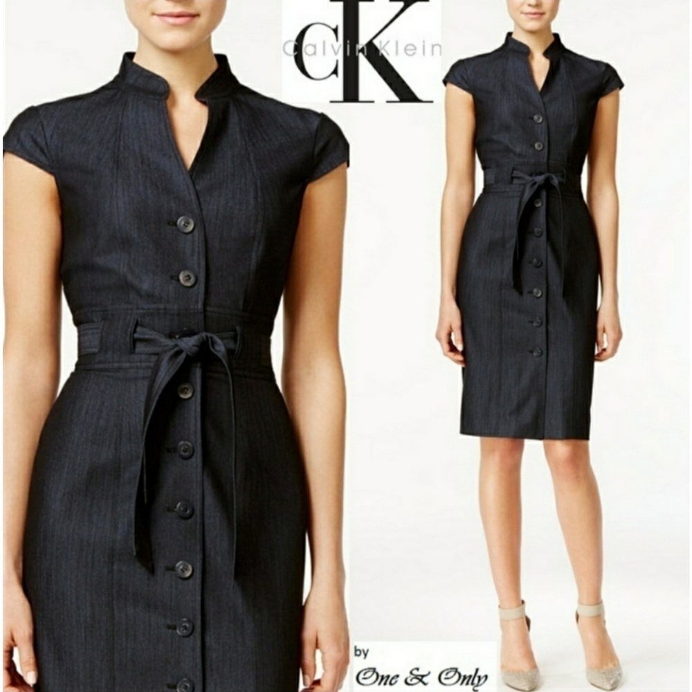 Calvin Klein Cap Sleeve Button Front Belted Dark Wash Denim Dress 10 Petite